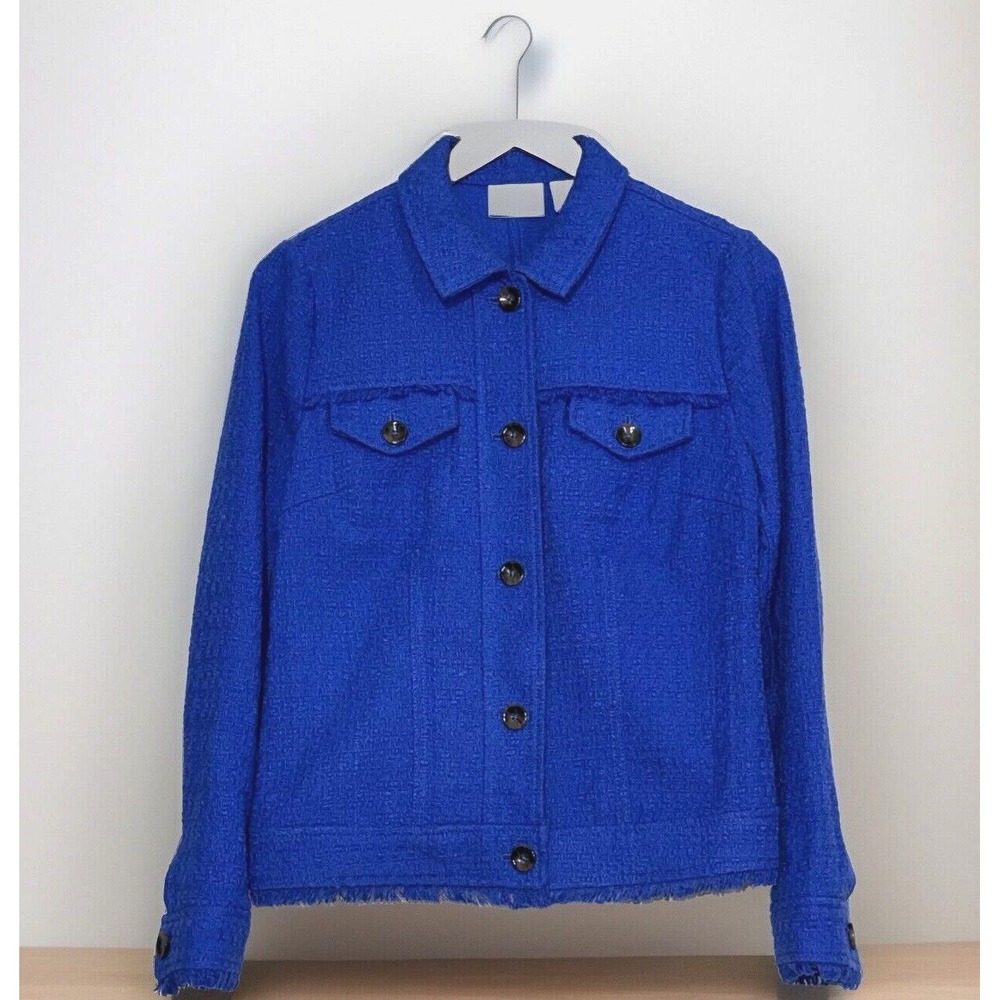 Chico's Jacket Blue Buttoned Front Raw Fringed Edge Women's Heavy Coat Size: 0